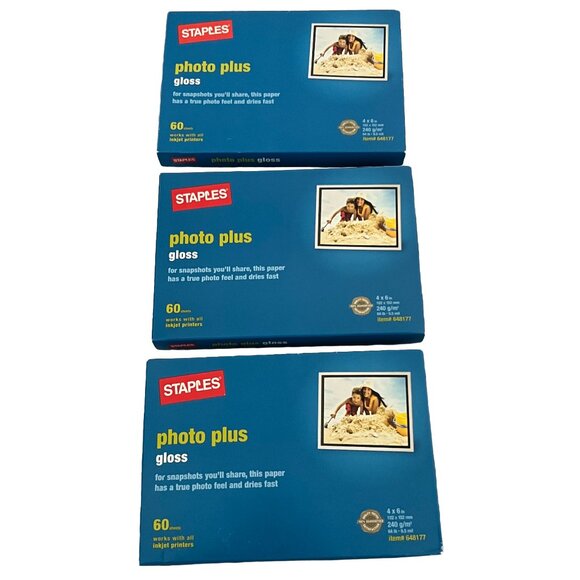 3 Packs of Staples Photo Plus Gloss Print Paper 4" x 6" For Inkjet 60 Sheets NEW